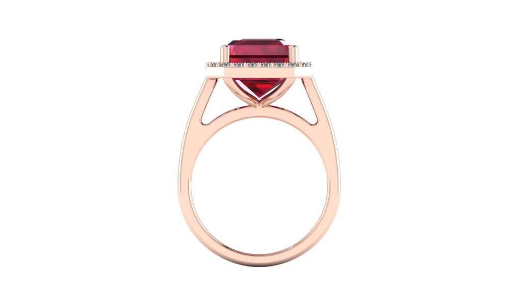 Anillo con ruby central corte esmeralda y halo de diamantes - Fiona