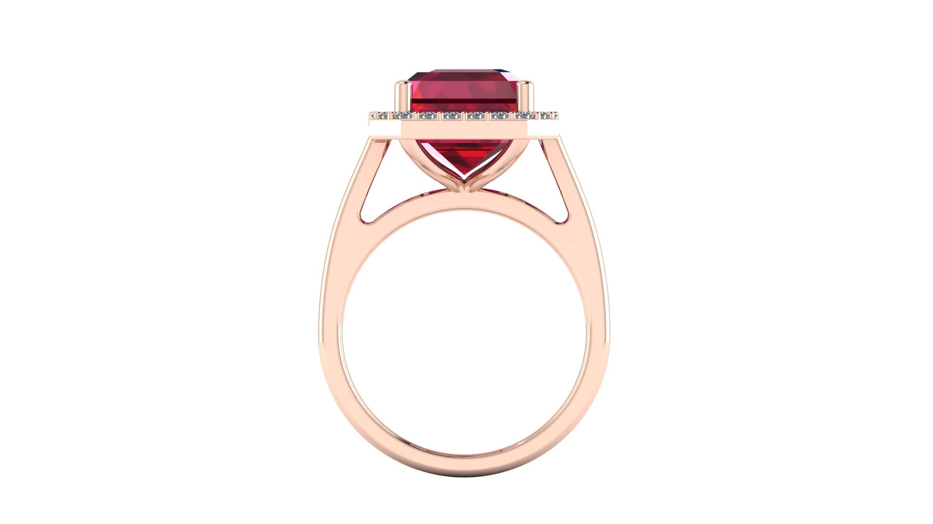 Anillo con ruby central corte esmeralda y halo de diamantes - Fiona