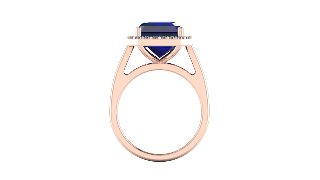 Anillo con zafiro central corte esmeralda y halo de diamantes - Fernanda