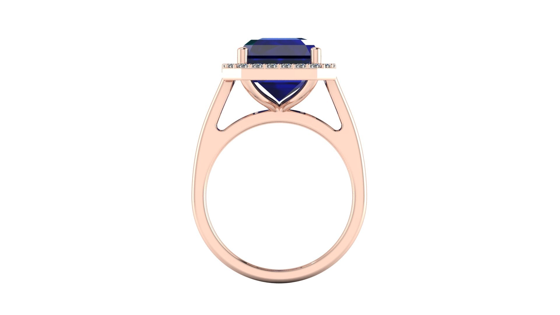 Anillo con zafiro central corte esmeralda y halo de diamantes - Fernanda