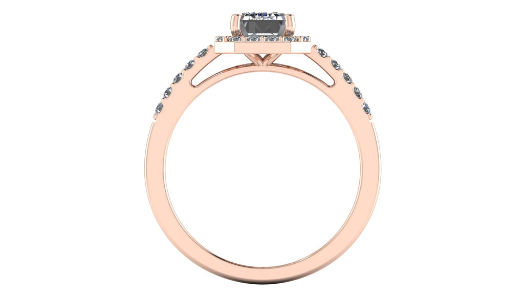Anillo de compromiso  corte esmeralda, diamantes laterales y en halo - Marco