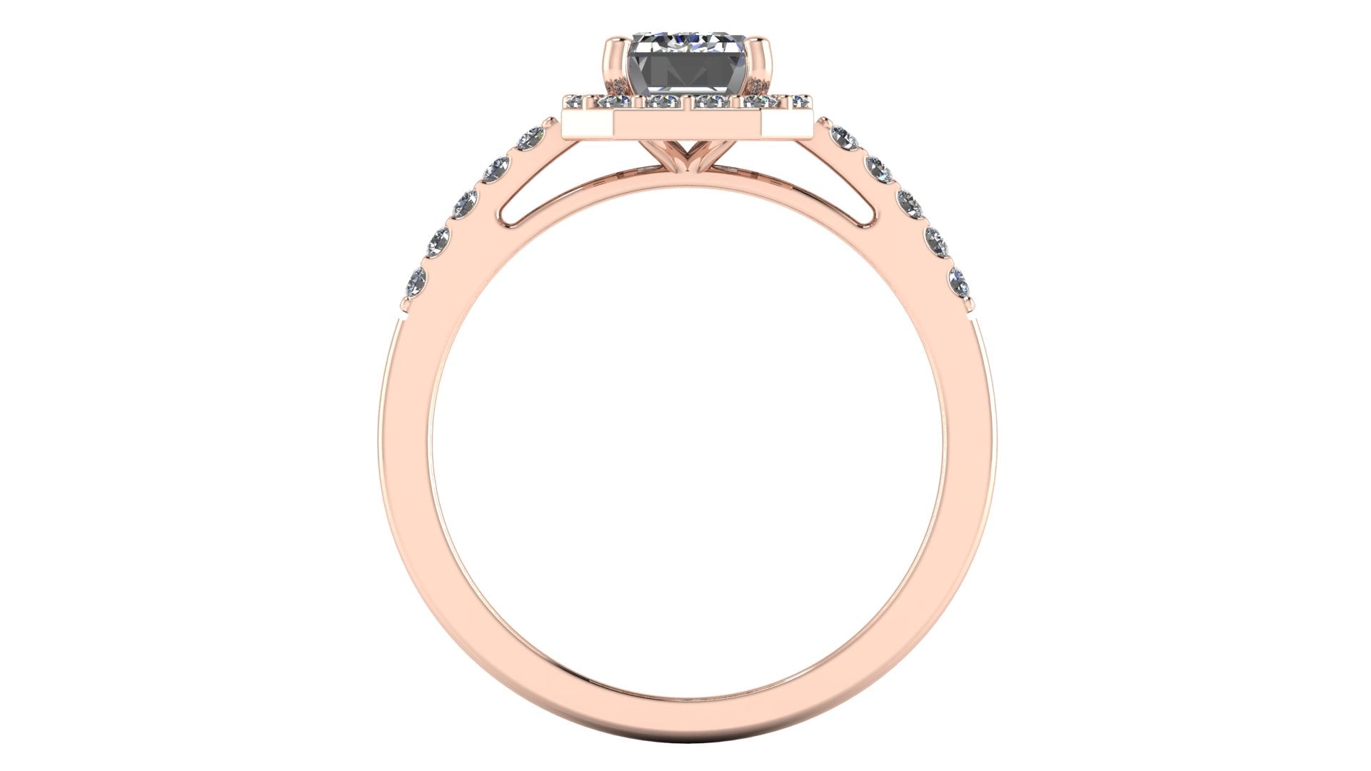 Anillo de compromiso  corte esmeralda, diamantes laterales y en halo - Marco
