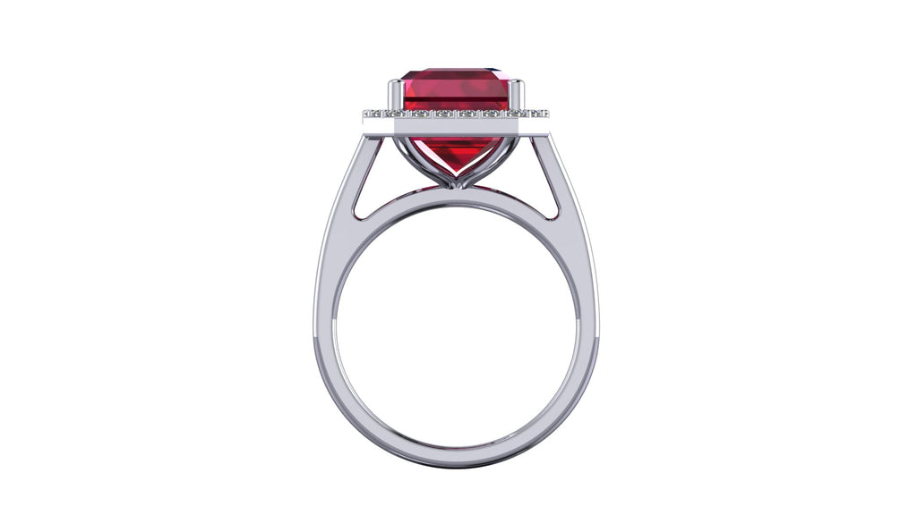 Anillo con ruby central corte esmeralda y halo de diamantes - Fiona
