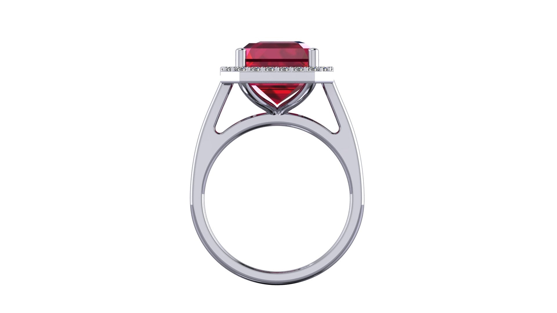 Anillo con ruby central corte esmeralda y halo de diamantes - Fiona