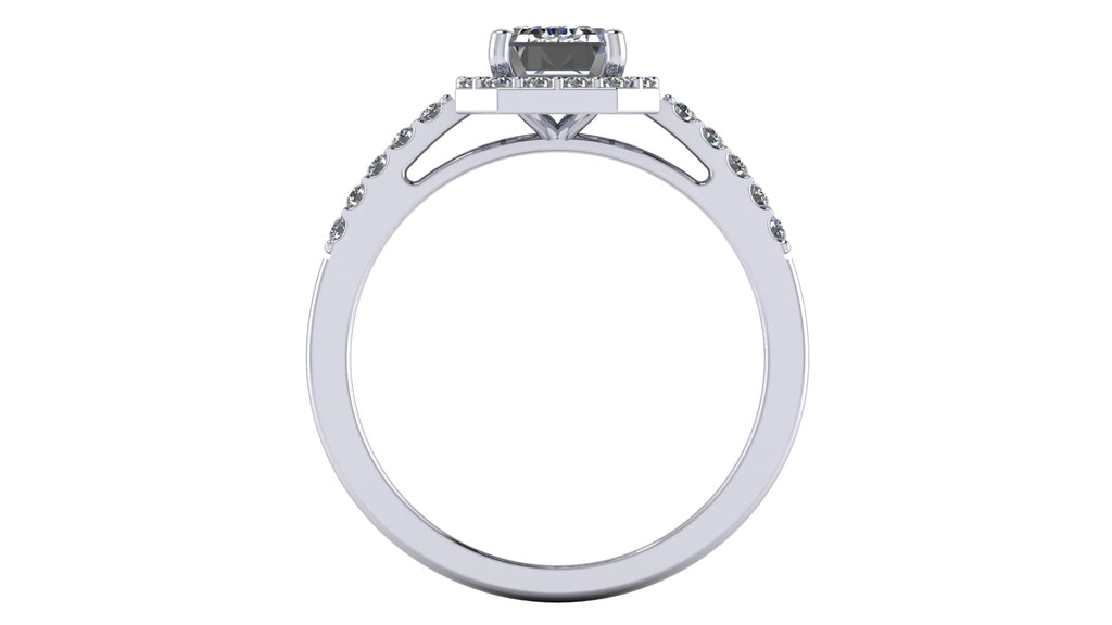 Anillo de compromiso  corte esmeralda, diamantes laterales y en halo - Marco