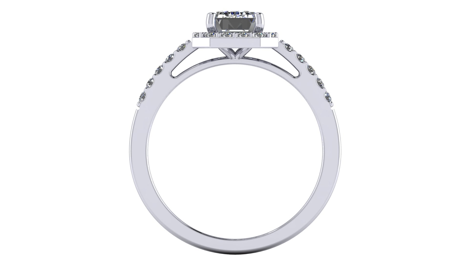 Anillo de compromiso  corte esmeralda, diamantes laterales y en halo - Marco