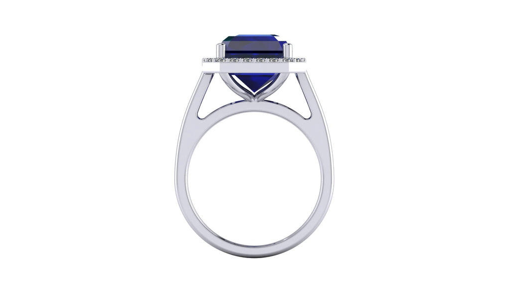 Anillo con zafiro central corte esmeralda y halo de diamantes - Fernanda