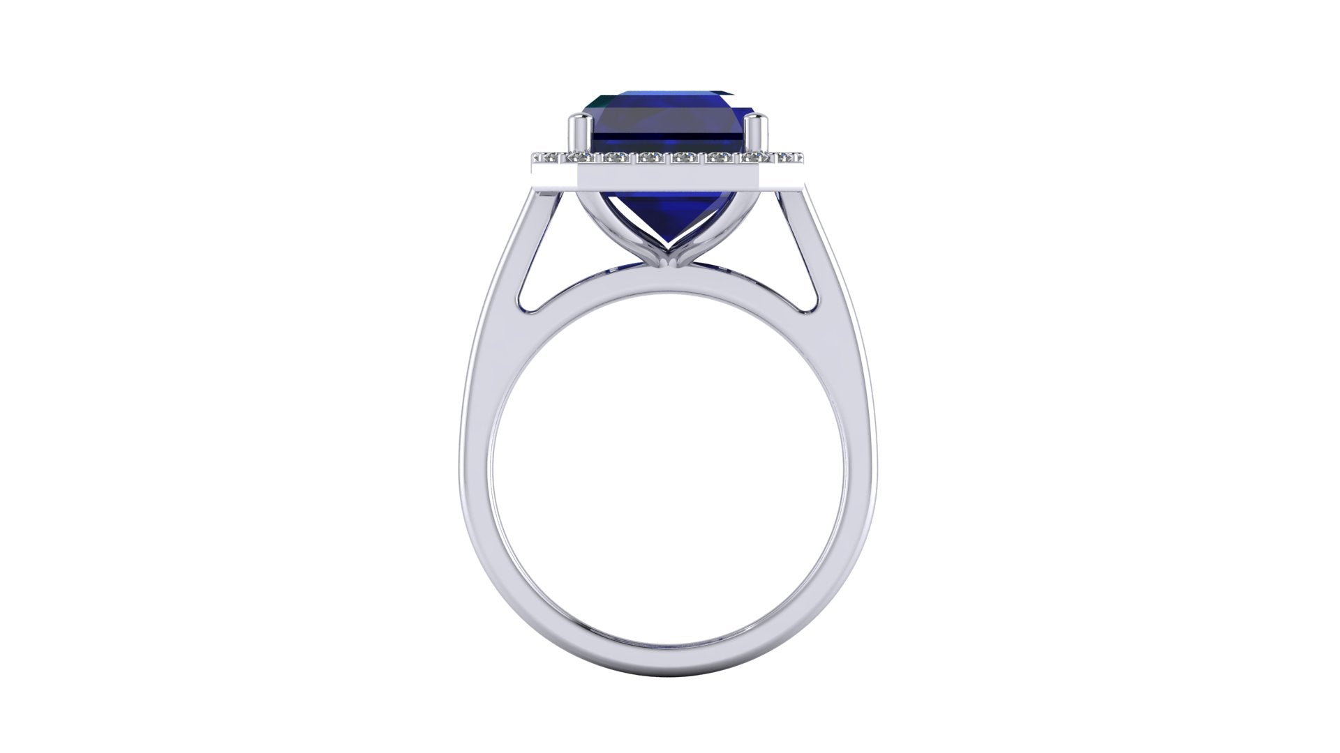 Anillo con zafiro central corte esmeralda y halo de diamantes - Fernanda