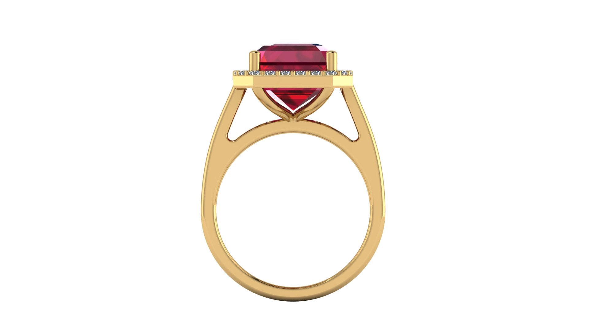 Anillo con ruby central corte esmeralda y halo de diamantes - Fiona