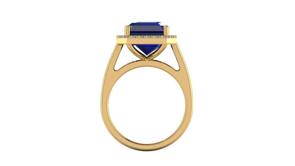 Anillo con zafiro central corte esmeralda y halo de diamantes - Fernanda