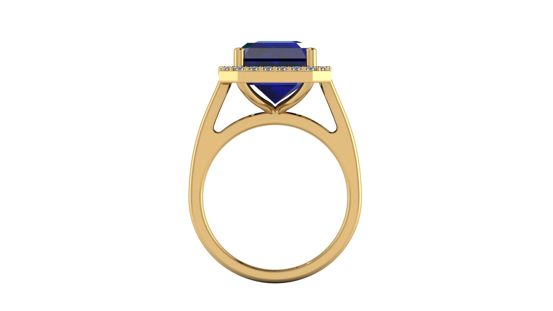 Anillo con zafiro central corte esmeralda y halo de diamantes - Fernanda
