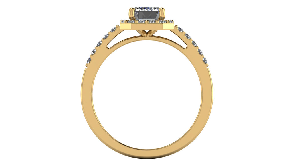 Anillo de compromiso  corte esmeralda, diamantes laterales y en halo - Marco