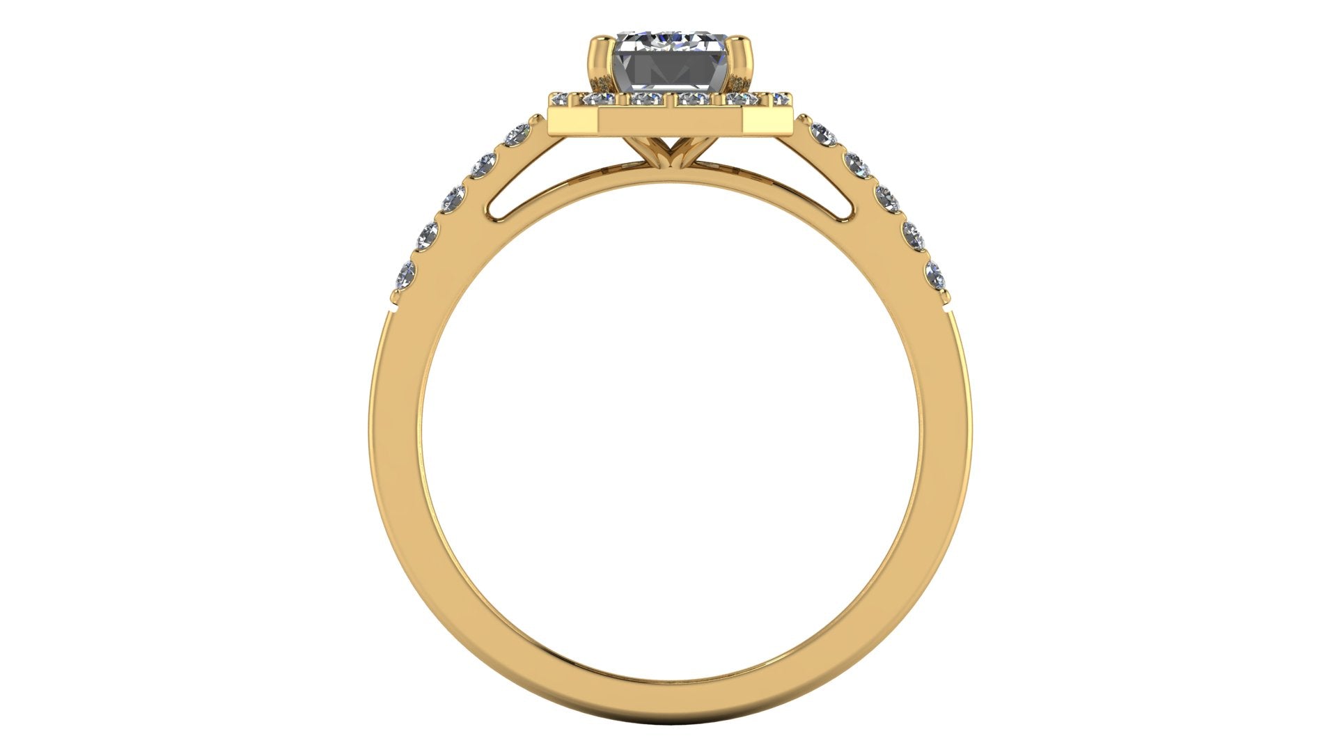 Anillo de compromiso  corte esmeralda, diamantes laterales y en halo - Marco