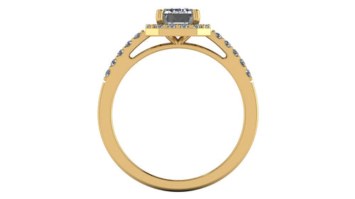 Anillo de compromiso  corte esmeralda, diamantes laterales y en halo - Marco