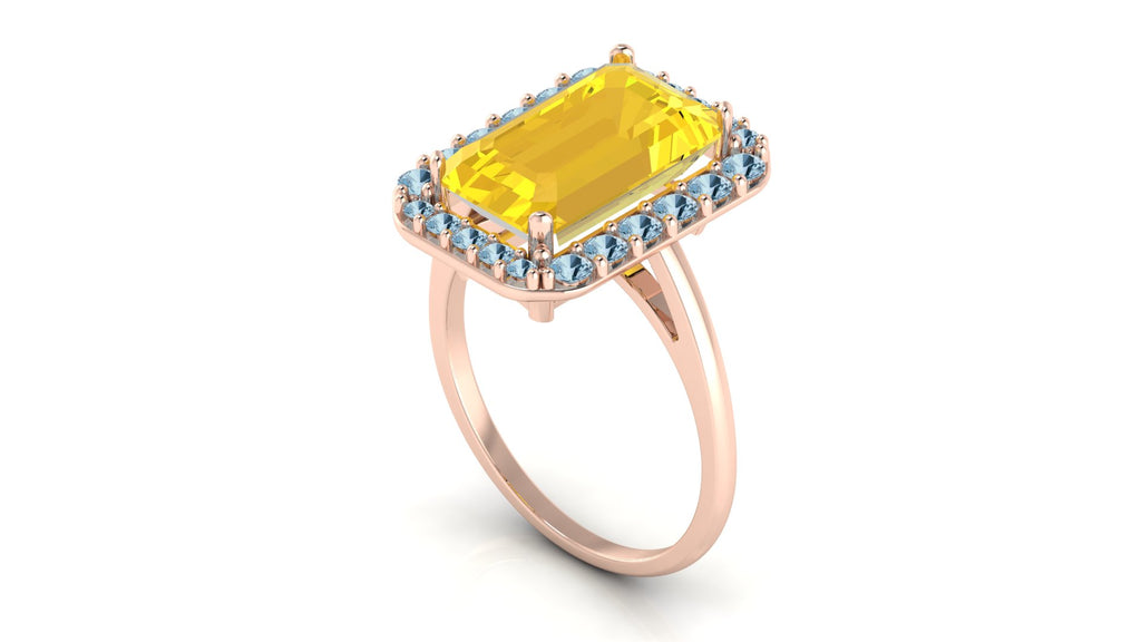 Anillo con citrino corte baguette y halo de topacios - Gala