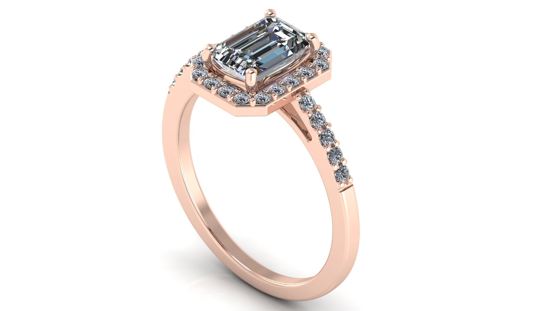 Anillo de compromiso  corte esmeralda, diamantes laterales y en halo - Marco
