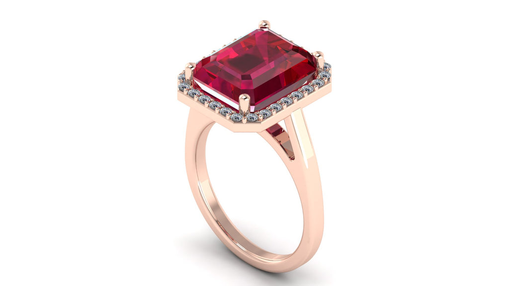 Anillo con ruby central corte esmeralda y halo de diamantes - Fiona