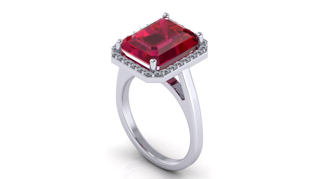 Anillo con ruby central corte esmeralda y halo de diamantes - Fiona