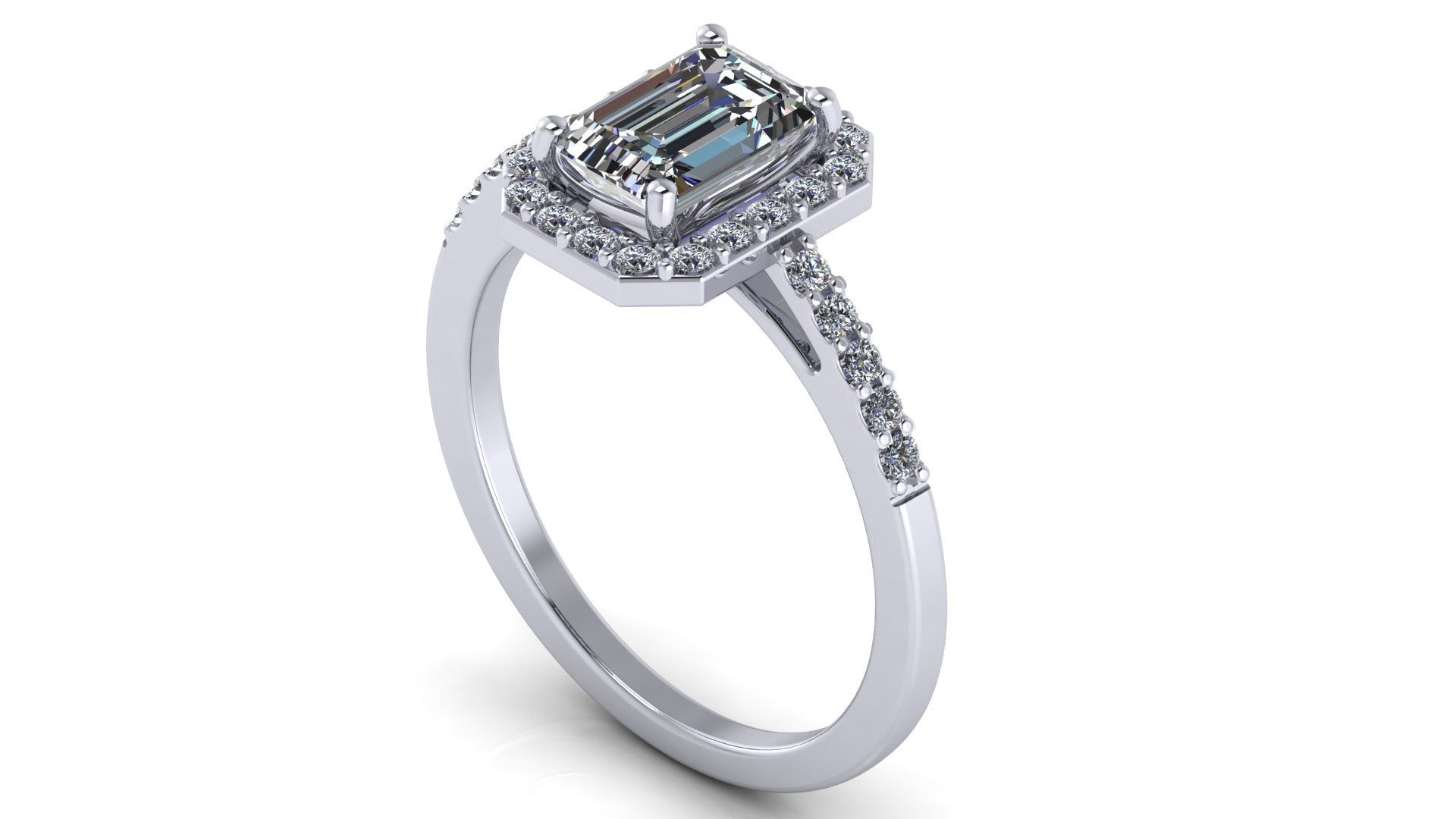 Anillo de compromiso  corte esmeralda, diamantes laterales y en halo - Marco