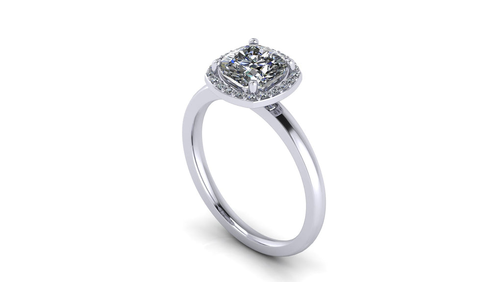Anillo de compromiso  radiant, diamantes laterales y en halo - Antonio