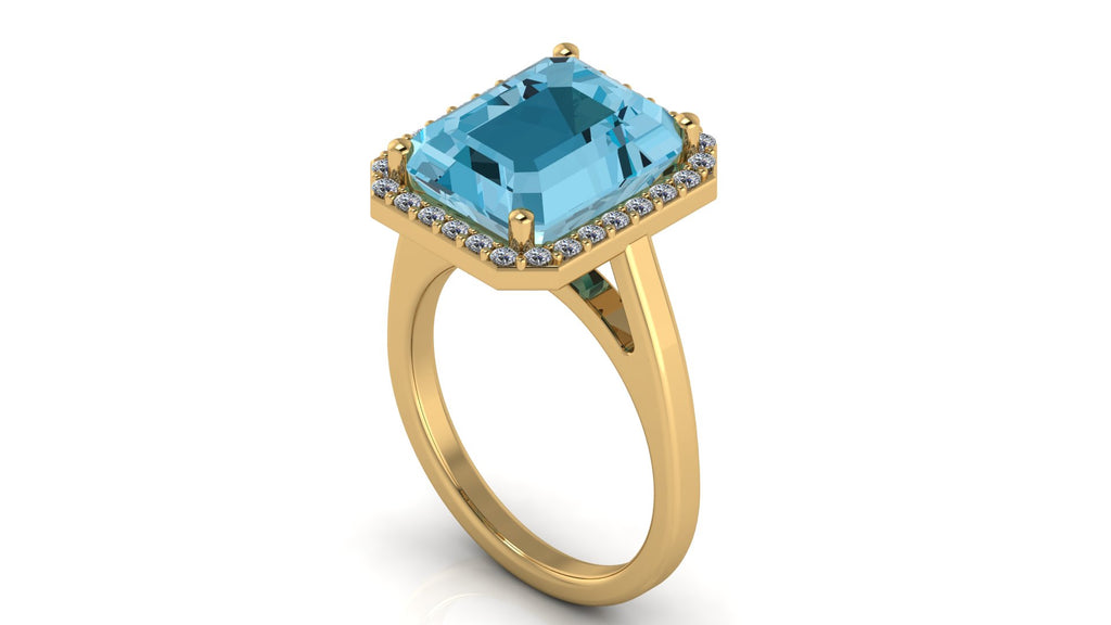 Anillo con topacio central corte esmeralda y halo de diamantes - Josefa