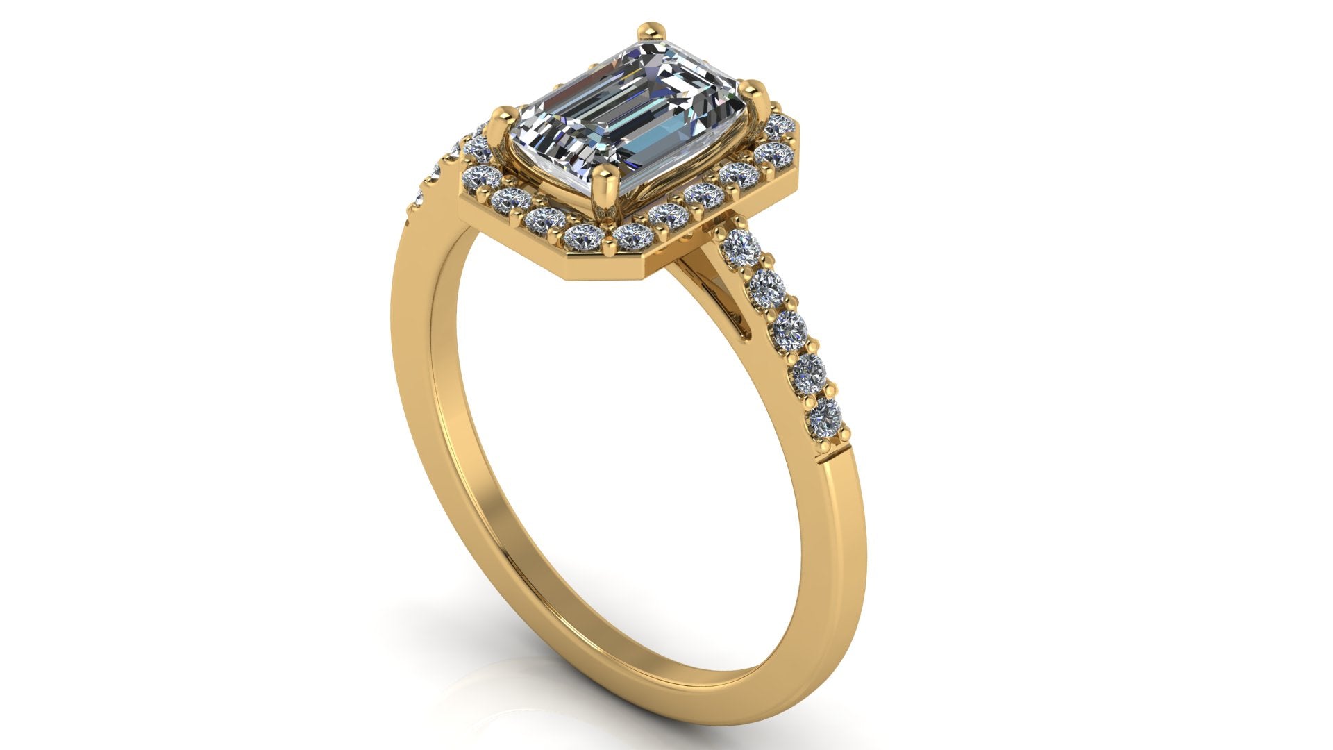Anillo de compromiso  corte esmeralda, diamantes laterales y en halo - Marco