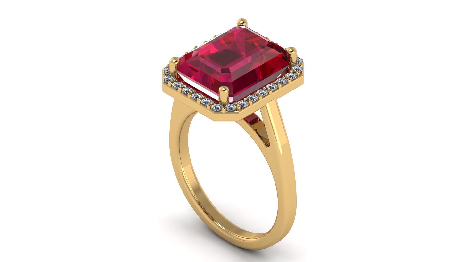 Anillo con ruby central corte esmeralda y halo de diamantes - Fiona
