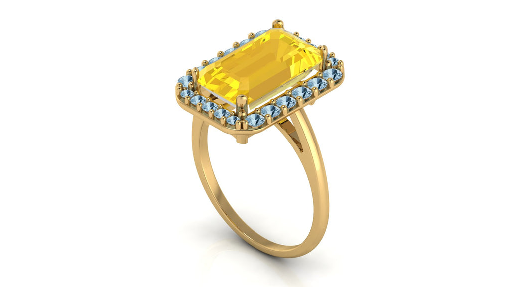 Anillo con citrino corte baguette y halo de topacios - Gala