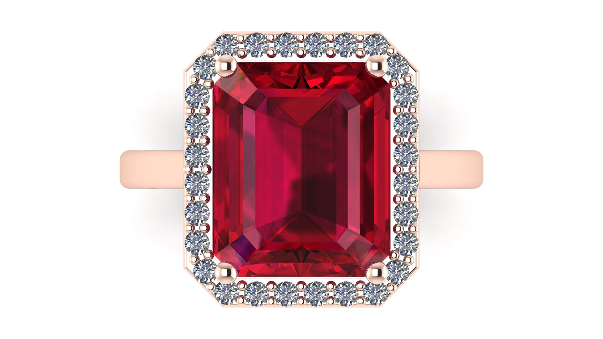 Anillo con ruby central corte esmeralda y halo de diamantes - Fiona