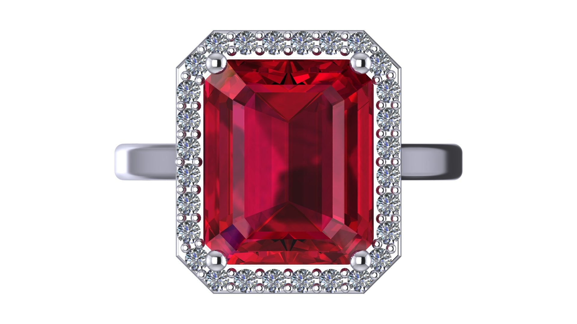 Anillo con ruby central corte esmeralda y halo de diamantes - Fiona