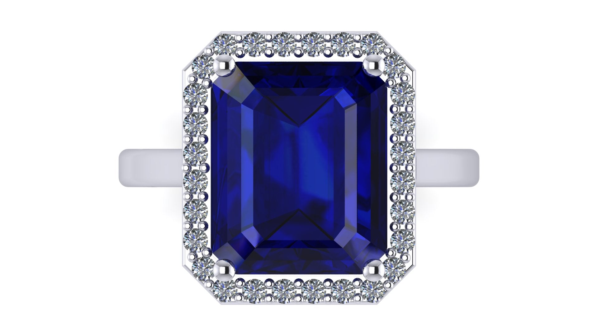 Anillo con zafiro central corte esmeralda y halo de diamantes - Fernanda