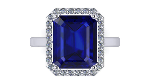Anillo con zafiro central corte esmeralda y halo de diamantes - Fernanda
