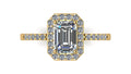 Anillo de compromiso  corte esmeralda, diamantes laterales y en halo - Marco