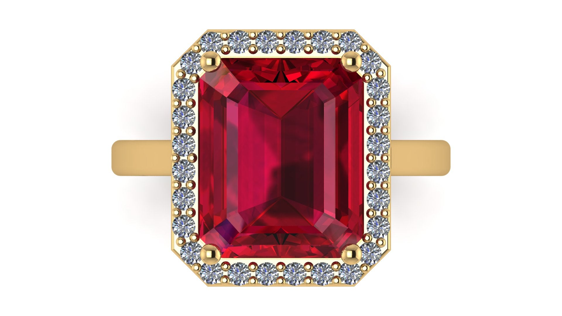 Anillo con ruby central corte esmeralda y halo de diamantes - Fiona