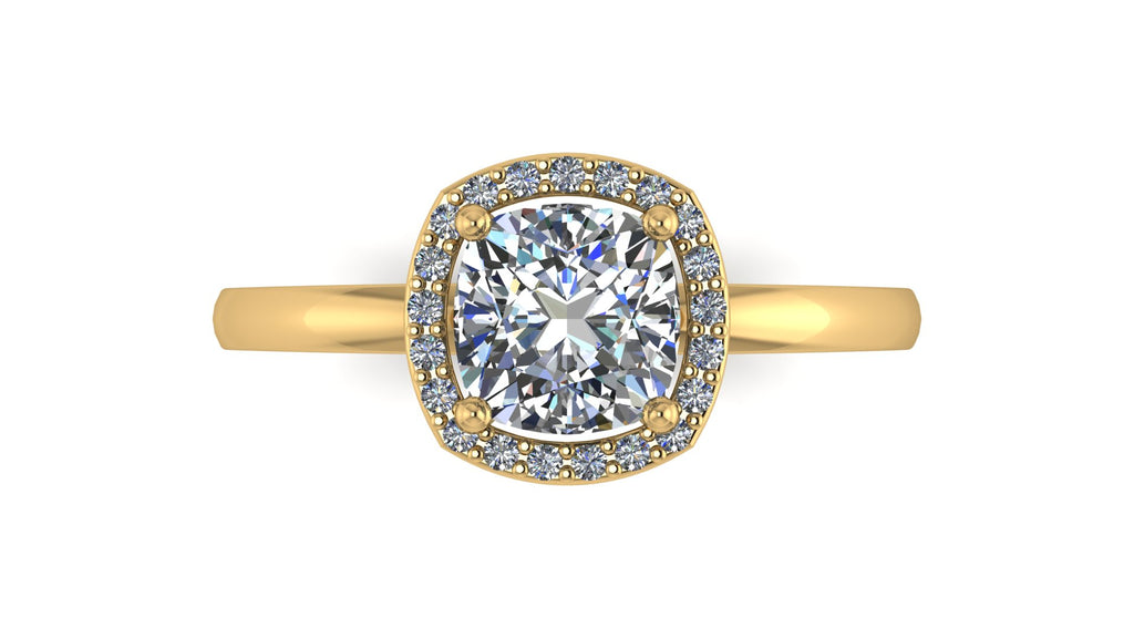Anillo de compromiso  radiant, diamantes laterales y en halo - Antonio